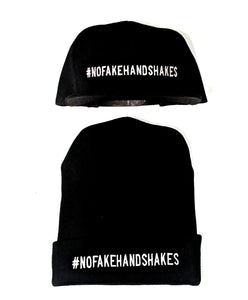 #NoFakeHandShakes White/Black Snap Beanies